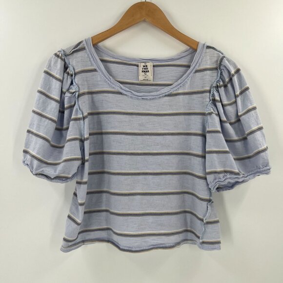 Free People S/P We The Free Stripe Crop Top Raw Seam Puff Sleeve Boho Tee - Picture 1 of 11